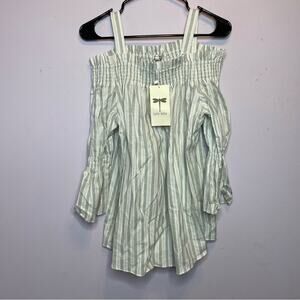NEW Tyler Boe Striped White Blue Blouse Off the Shoulder Top Womens Large